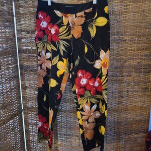 VTG Ellen Tracy Black Floral Design Pants Size 12 100% Cotton Satin Waistband